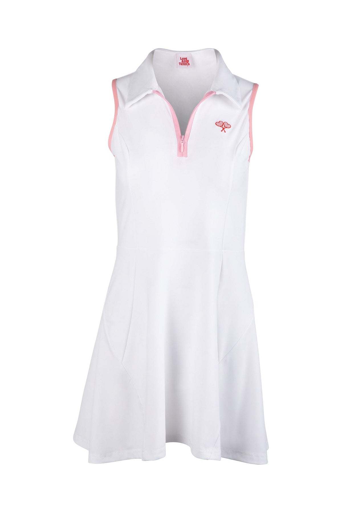 White sleeveless dress with pink accents on a white background