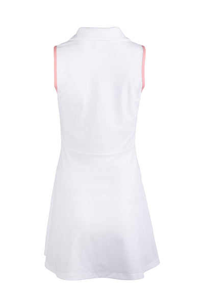 White sleeveless dress with pink trim on a white background
