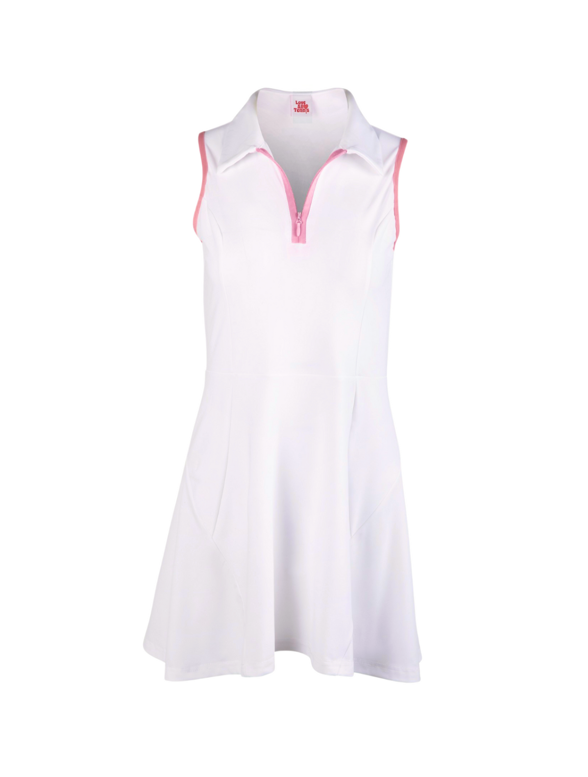 White sleeveless dress with pink zipper on a white background