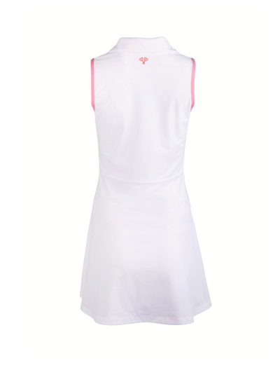 White sleeveless dress with pink accents on a white background