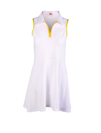 White sleeveless dress with yellow accents on a white background