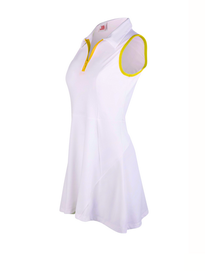 White sleeveless dress with yellow accents on a white background
