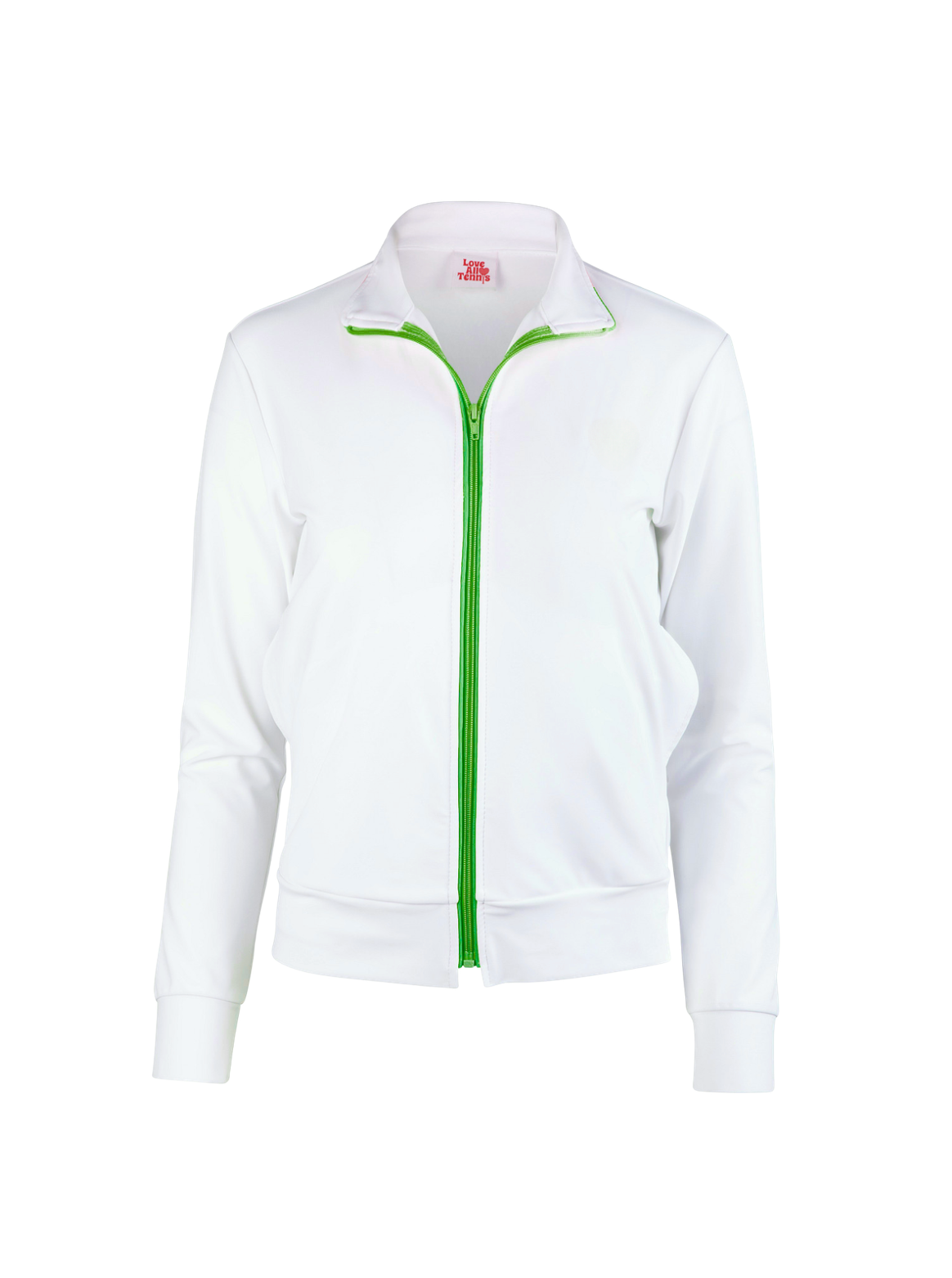 White jacket with a green zipper on a white background
