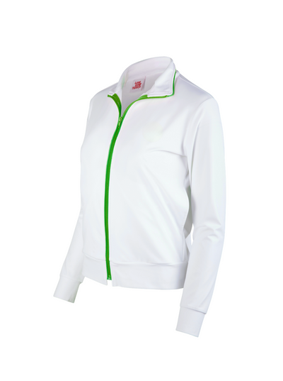 White jacket with green zipper on a white background