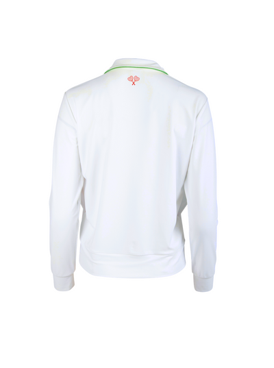 White jacket with a logo on the back against a white background