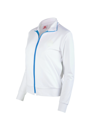 White jacket with blue zipper on a white background