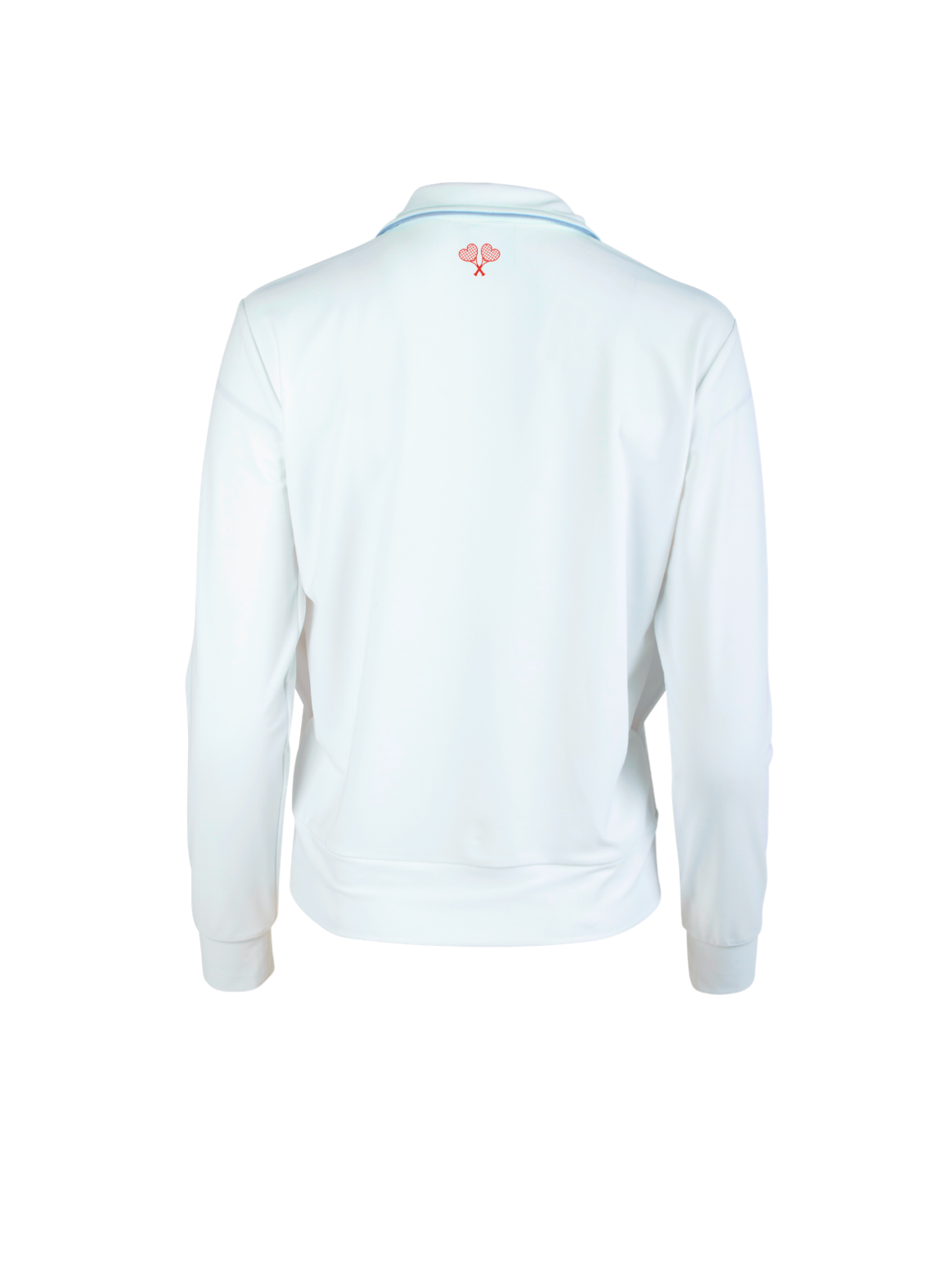 White jacket with a logo on the back against a white background