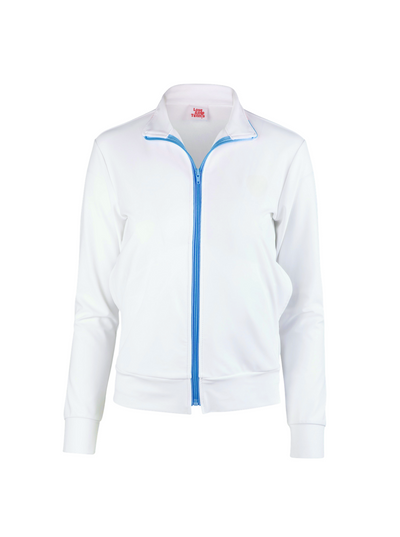 White jacket with a blue zipper on a white background