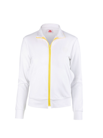 White jacket with a yellow zipper on a white background