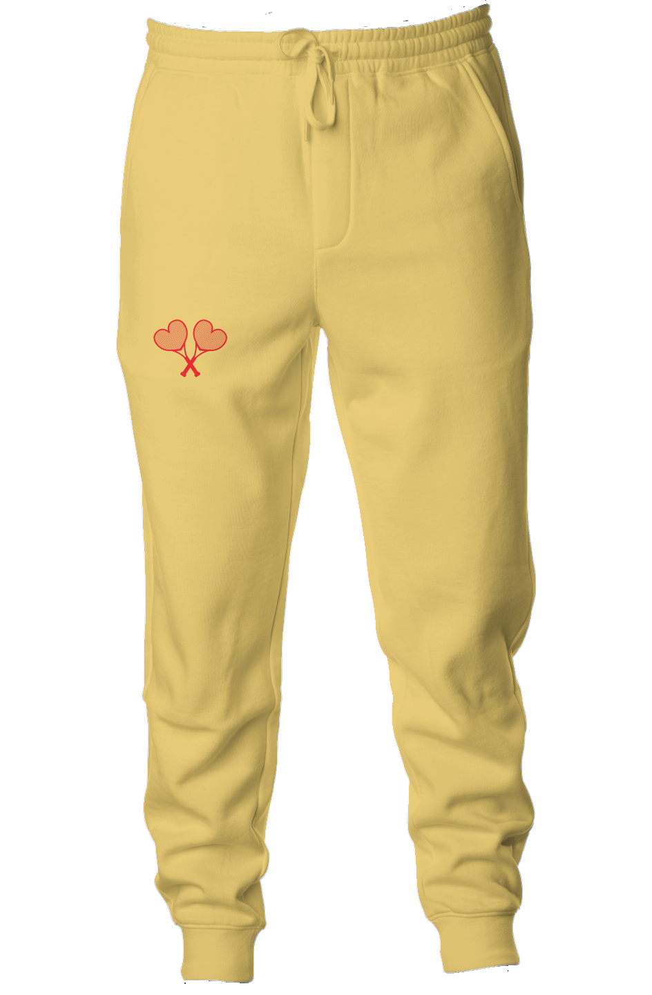 Yellow sweatpants with a red heart design on a white background