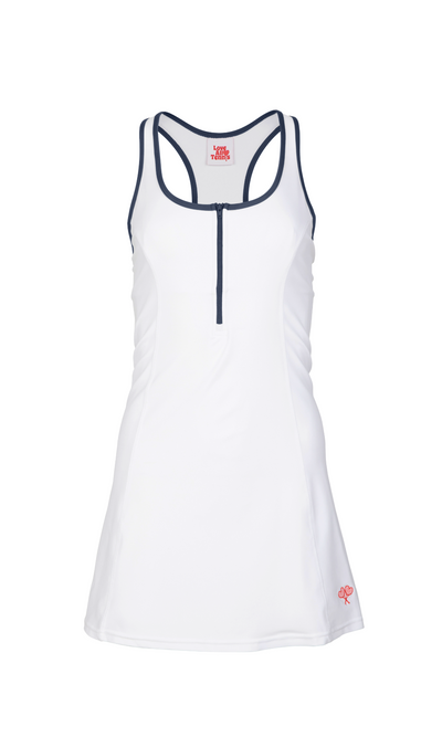 White dress with navy accents on a white background
