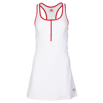 White tank dress with red accents on a white background