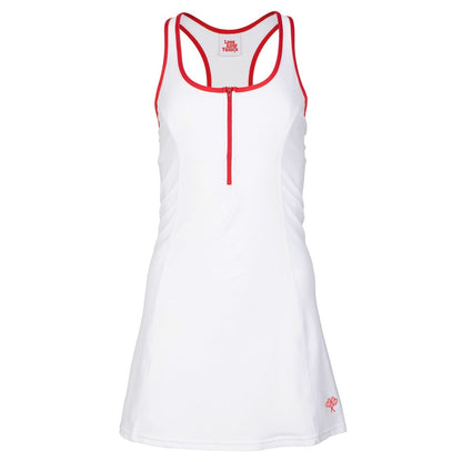 White tank dress with red accents on a white background