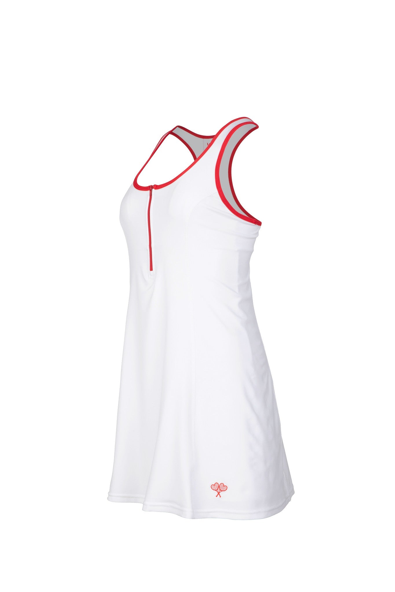 White tank dress with red accents on a white background