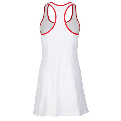 White dress with red accents on a white background