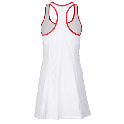 White dress with red accents on a white background