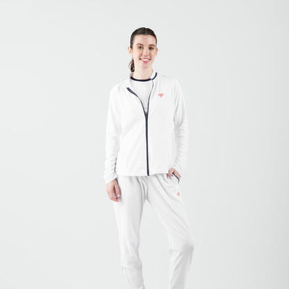 Person wearing a white outfit with a logo on a light gray background