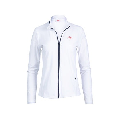White jacket with a brand logo and navy piping on a white background