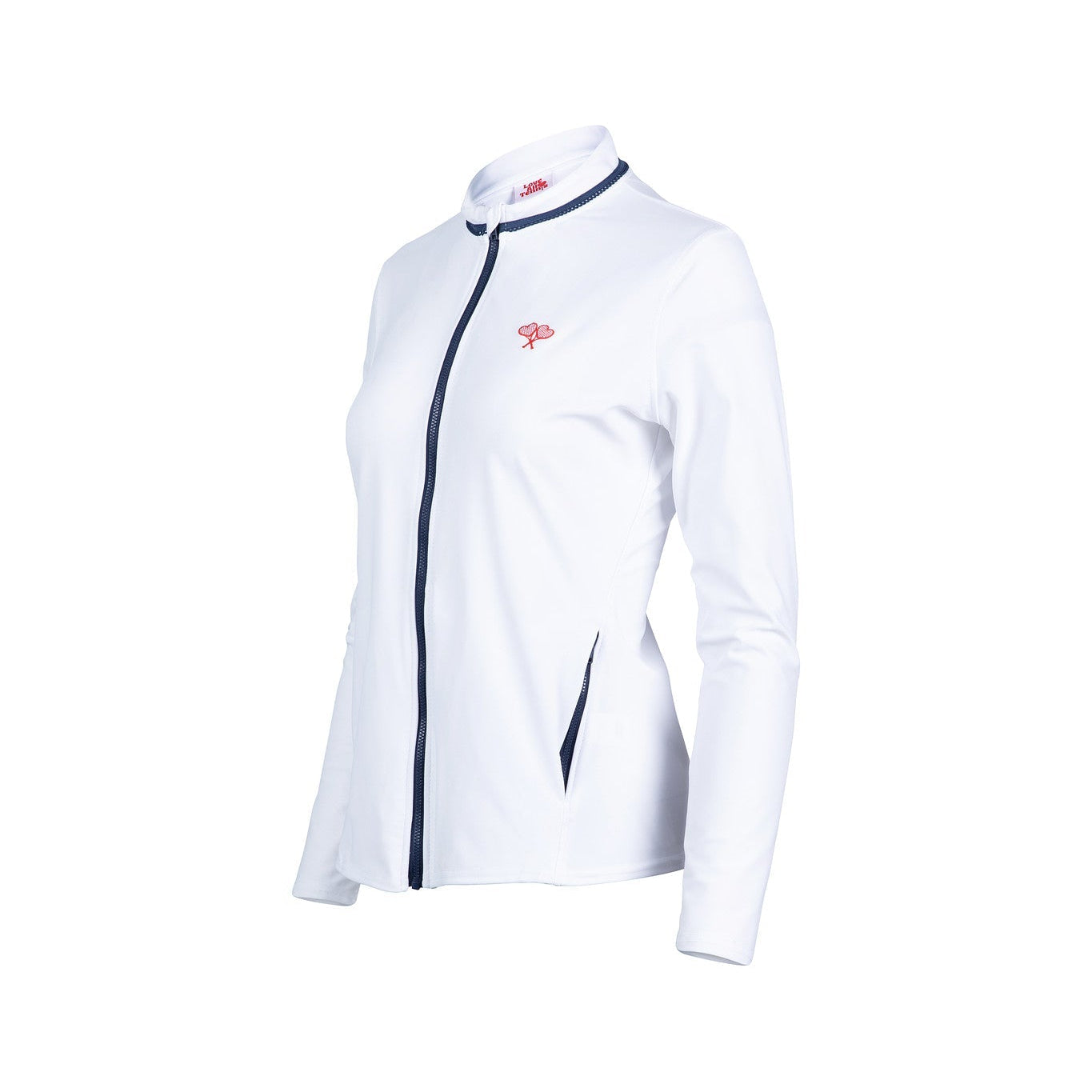 White jacket with a logo and navy piping on a white background