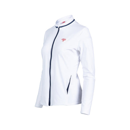 White jacket with a logo and navy piping on a white background