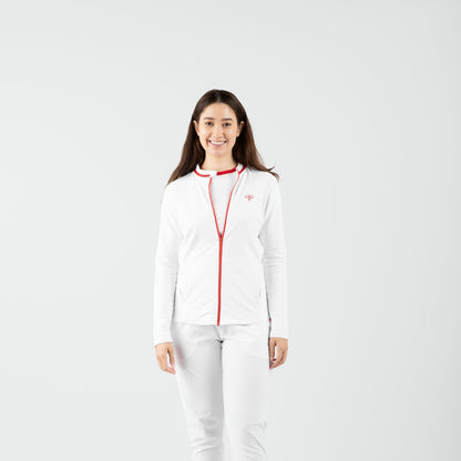 Person wearing a white outfit with red accents on a white background