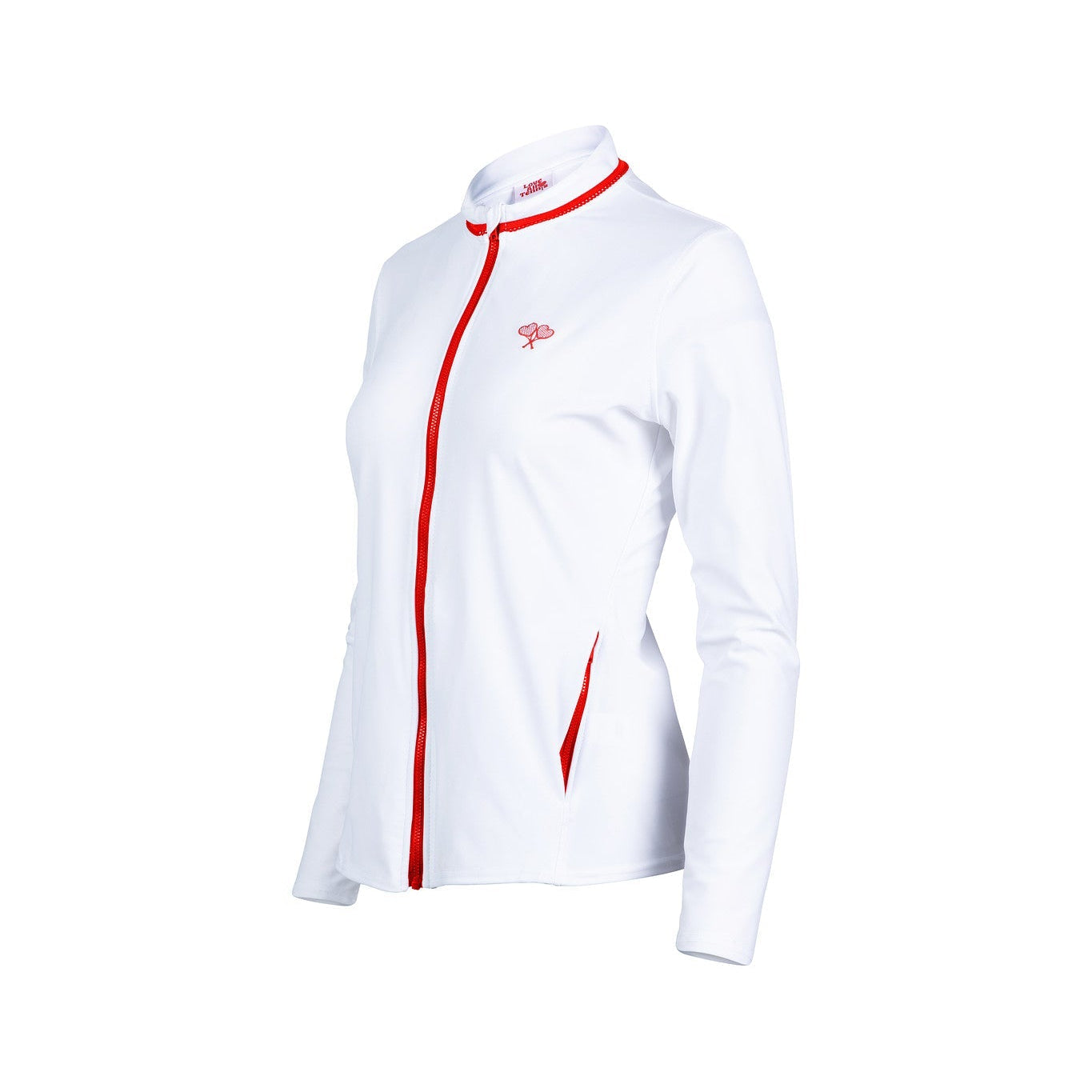 White jacket with red accents on a white background