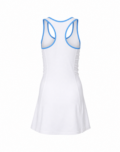 White sleeveless athletic dress with light blue trim on the racerback straps, shown from the back on a plain white background.