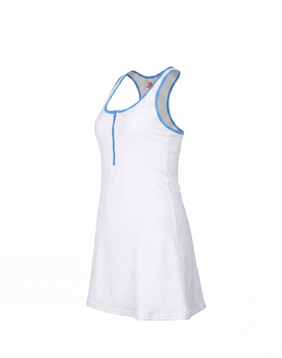 A white sleeveless athletic tank dress with light blue trim along the scoop neckline and front zipper, shown on a plain white background.