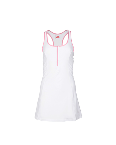 White tank dress with pink accents on a white background