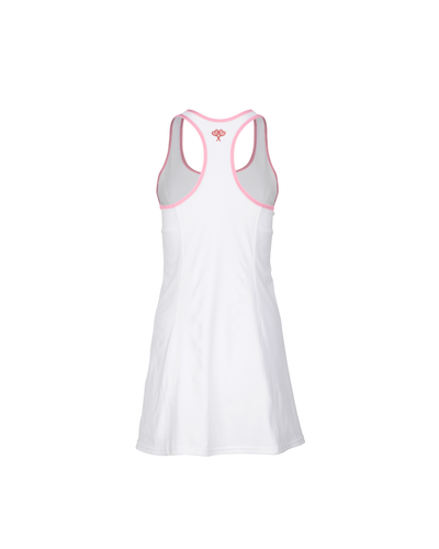 White dress with pink trim on a white background