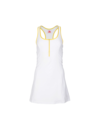 White tank dress with yellow trim on a white background