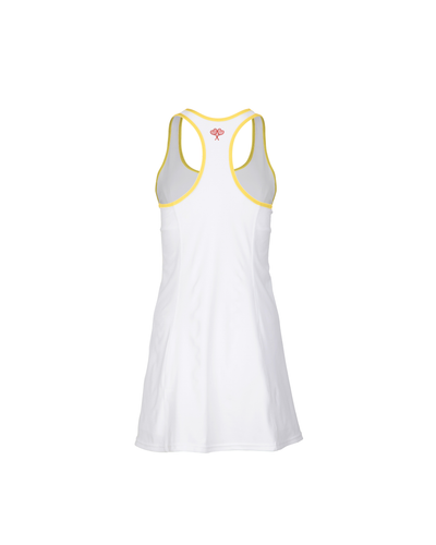 White dress with yellow trim on a white background