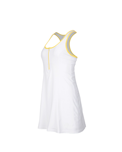 White dress with yellow trim on a white background