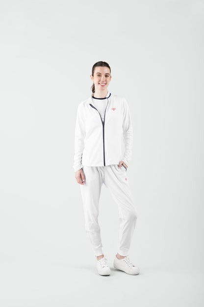 Person wearing a white outfit with a logo on a light gray background