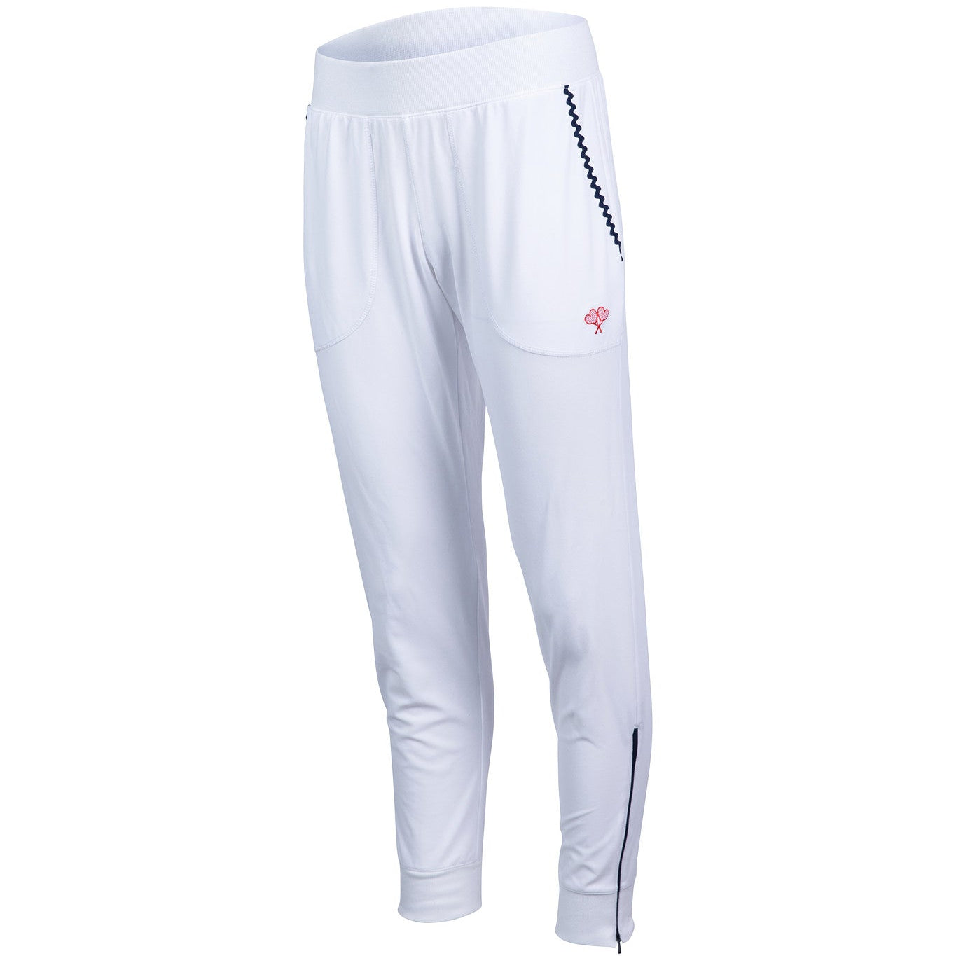 White pants with a small red logo on a white background