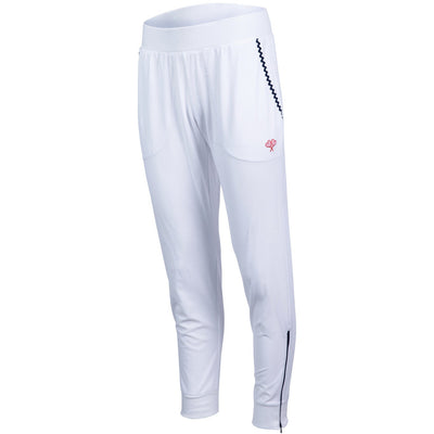 White pants with a small red logo on a white background