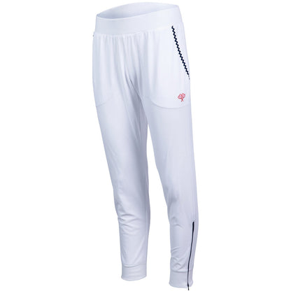 White pants with a small red logo on a white background