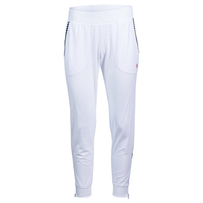 White pants with navy accents on a white background