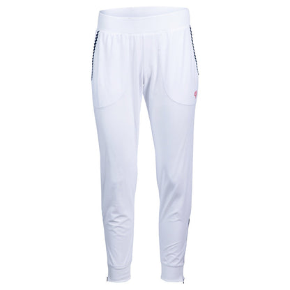 White pants with navy accents on a white background