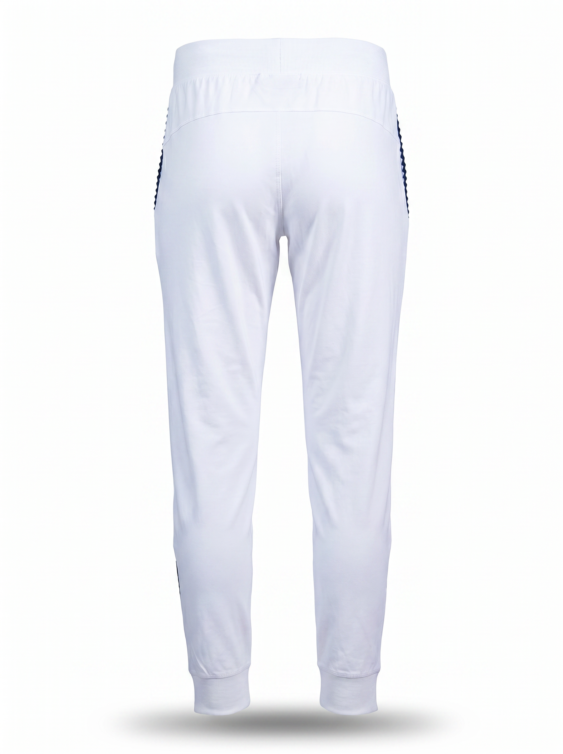 White athletic jogger pants shown from the back, featuring a wide elastic waistband and side stripes with a black-and-white checkered pattern, set against a plain white background.