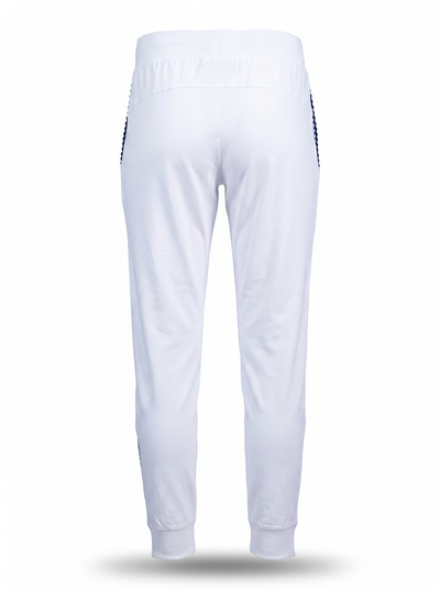White athletic jogger pants shown from the back, featuring a wide elastic waistband and side stripes with a black-and-white checkered pattern, set against a plain white background.