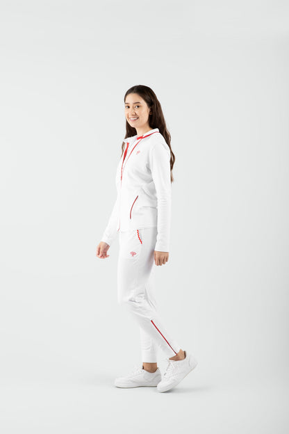 Person wearing a white pants with red accents on a white background