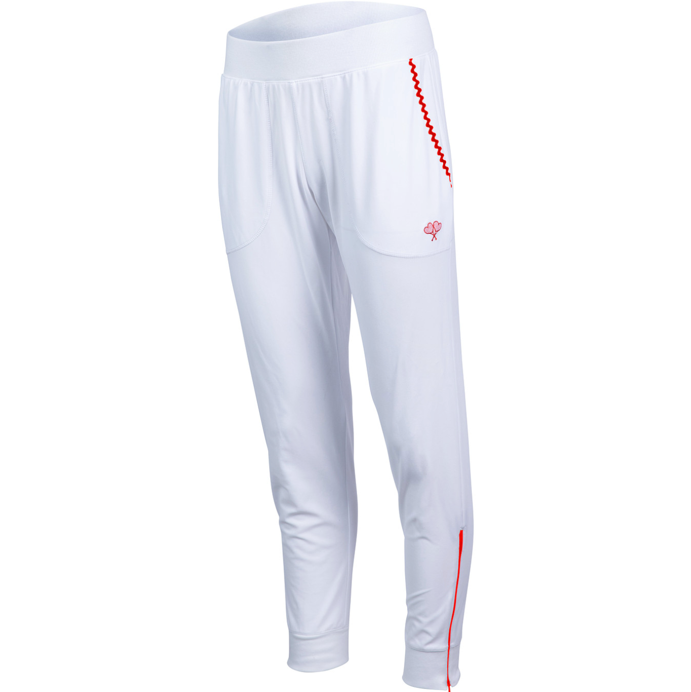 White pants with red accents on a white background
