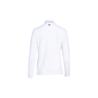 White long-sleeve shirt with a small logo on a white background