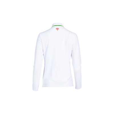 White long-sleeve shirt with a brand logo on a white background