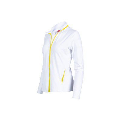 White jacket with yellow zipper on a white background