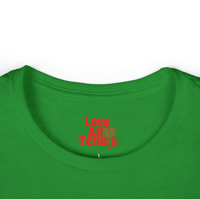 Kelly green t-shirt close up with red "Love All Tennis" logo set against a white background