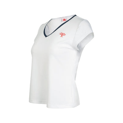 White top with a small logo on a white background