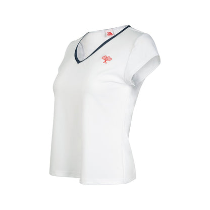 White top with a small logo on a white background