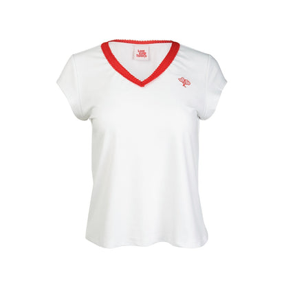 White t-shirt with red trim on a white background